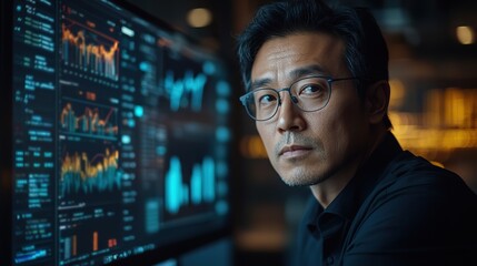 Obraz premium A professional portrait of an Asian manager analyzing data on a desktop computer in a corporate office, illustrating business operations and data-driven decisions.