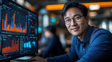 A professional portrait of an Asian manager analyzing data on a desktop computer in a corporate office, illustrating business operations and data-driven decisions.