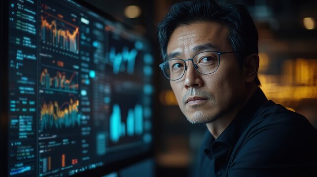 A professional portrait of an Asian manager analyzing data on a desktop computer in a corporate office, illustrating business operations and data-driven decisions.