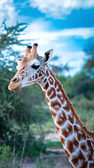 Obraz premium Graceful Giraffe Close-Up with Spotted Pattern Against Vibrant Blue Sky