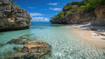 A remote, tranquil beach with clear water and coral reefs, surrounded by rocky cliffs and tropical greenery.