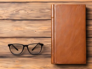 Old leather book with antique glasses on a wooden table, evoking a sense of nostalgia