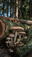  Cluster of Brown Mushrooms Growing on Mossy Logs in Forest Setting