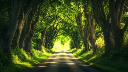 Fototapeta premium Sunlight streams through a canopy of trees lining a winding road.