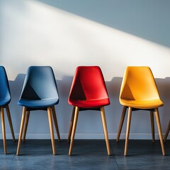 A row of chairs with one highlighted, symbolizing the selection of a standout candidate from many.