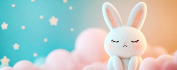 Obraz premium Cute white rabbit with eyes closed with gradient pastel starry background