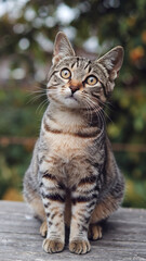  Curious Tabby Kitten with Striped Fur Sitting Outdoors on Wooden Surface