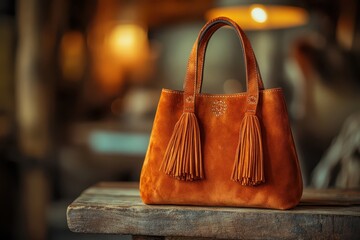 A stylish orange suede handbag with tassels displayed on a wooden surface.