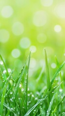 Fototapeta premium closeup of green grass with dew drops with bright sunny bokeh background
