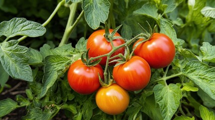 The tomato plant is adorned with ripe tomatoes, their red hue contrasting beautifully with the lush green leaves