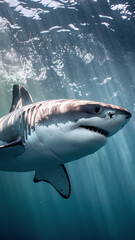 Naklejka premium Majestic Great White Shark Swimming Gracefully in Sunlit Ocean Waters
