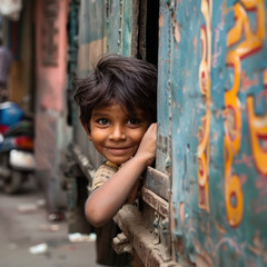 Naklejka premium Indian happy kid trying to hide behind truck