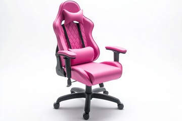 A stylish pink gaming chair designed for comfort and ergonomic support.
