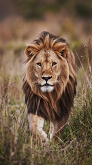 Obraz premium Majestic Lion with Golden Mane Stalking Through African Savanna Grass