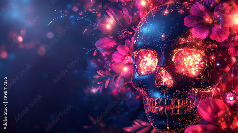 Wall mural vibrant geometric skull surrounded by glowing neon flowers creates captivating and mystical atmosphe