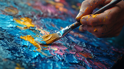 Obraz premium A close-up of a hand holding a brush, applying vibrant paint onto a textured canvas, showcasing the art of painting.