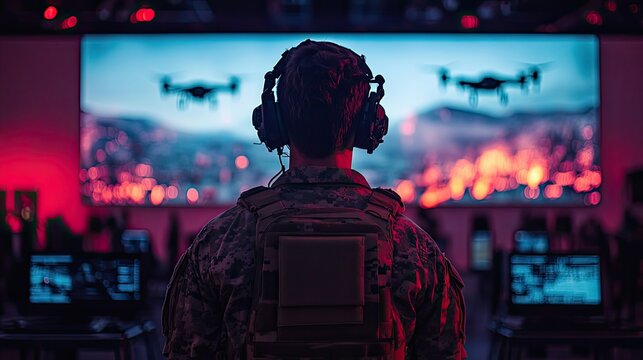 A soldier controls military drones using a digital screen, highlighting the transformative impact of this technology on modern warfare.