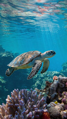Fototapeta premium Majestic Sea Turtle Swimming Over Vibrant Coral Reef in Clear Blue Ocean