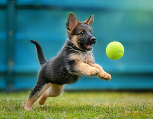 Petit chiot joue comme un chien, il saute et attrape une balle de tennis