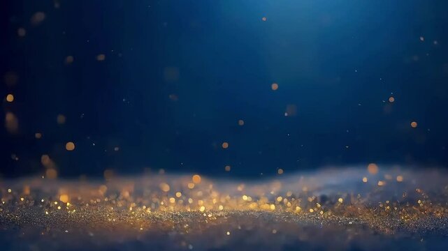 Luxurious blue background with golden shimmering particles cascading across the scene, creating a dazzling and elegant visual display