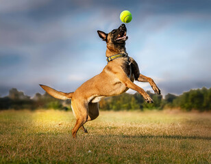 Chien de race malinois joue, saute et attrape une balle de tennis