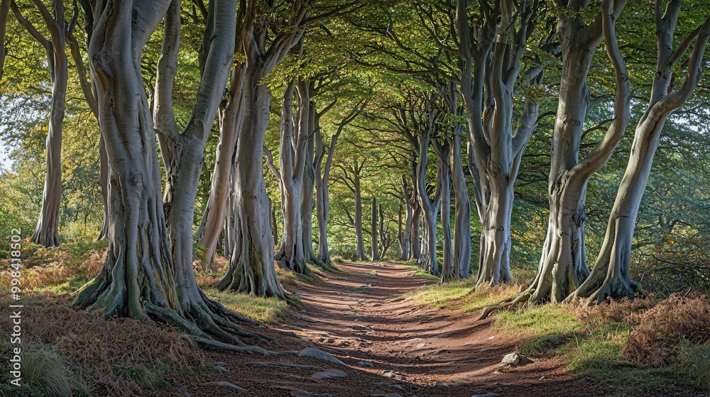 Wall mural sunlit path through a forest of tall trees with thick trunks.