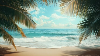 A scenic beach with soft waves gently rolling onto white sand, framed by swaying palm trees.