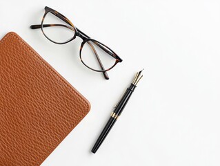 Fototapeta premium Leather desk organizer with a set of reading glasses and a fountain pen, elegant workspace setup