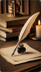  Vintage Writing Desk with Quill Pen Ink Bottle and Flickering Candlelight