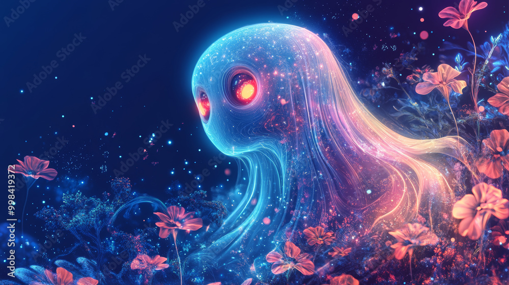 Wall mural glowing, friendly ghost emerges from vibrant garden filled with colorful flowers, creating whimsical