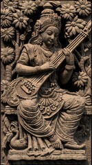 Ancient Stone Carving of Hindu Deity Playing Instrument
