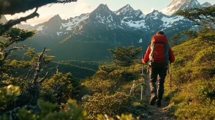 Obraz premium Man in red jacket hiking with trekking poles on a sunlit mountain trail, surrounded by greenery and snow-capped peaks, exuding a sense of adventure.