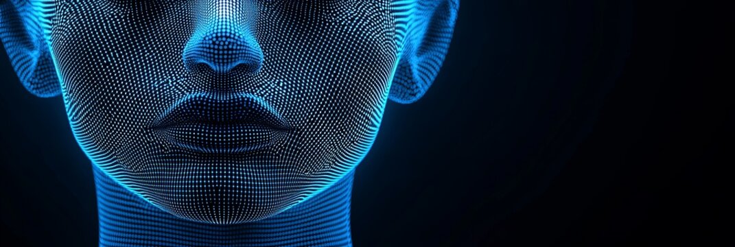 A striking digital artwork showcasing a human face in a blue wireframe style, emphasizing the features with dots and lines, representing technology and modern design.