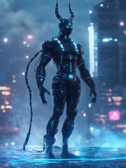 Fototapeta premium Cyborg Demon with Horns Standing on Futuristic Platform.
