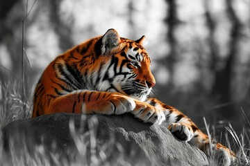 Obraz premium a orange and black Bengal tiger resting on a rock in a grayscale environment