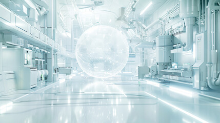 Obraz premium Hologram or plasma sphere in a white research lab. Advanced futuristic technology concept.
