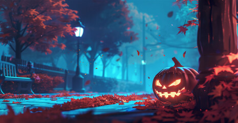 Spooky glowing jack-o'-lantern on a deserted street during Halloween night