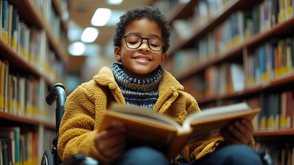  Happy young disabled mixed race school student in wheelchair reading a library book. African american child with disability learning. Inclusive & diverse education 