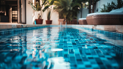 Beautiful swimming pool with blue and white mosaic tiles