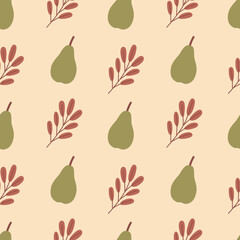 Autumn seamless pattern. Green pear and branch on a beige background. Flat vector illustration for fabric, packaging, wrapping paper or cover