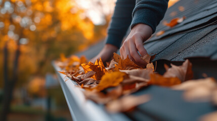 Close-Up View of a Person Cleaning Leaves and Debris from a House Gutter During Autumn