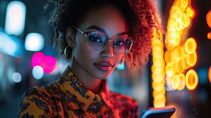 A young black woman uses a smartphone, bathed in neon light, exploring the potential of modern applications.