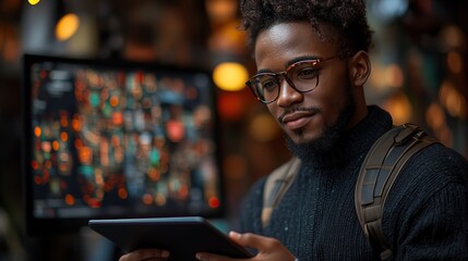A young businessman in eyeglasses uses a tablet while standing in front of a computer monitor, demonstrating tech-savviness in business.