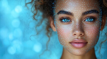 A young woman points to her skin against a blue background, with low poly projections on her face, representing beauty technology and digital enhancement.