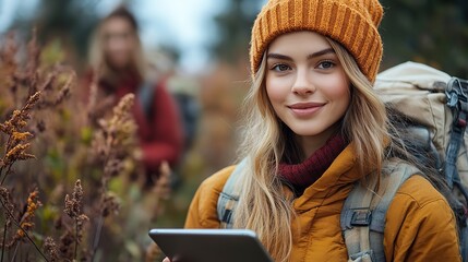Fototapeta premium A young woman uses a digital tablet outdoors, engaged in technology amid a natural setting, highlighting modern connectivity.