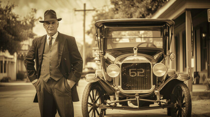 A rich man standing next to his luxurious car