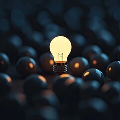 A single illuminated light bulb with dim ones surrounding it, symbolizing an exceptional idea emerging from the crowd.