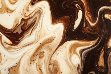 A mesmerizing marbled pattern forms as coffee and cream blend together, showcasing rich dark brown and creamy tones. Generative AI