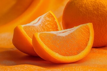 Two juicy orange slices showcasing detailed, vibrant textures, set against a bright, smooth...