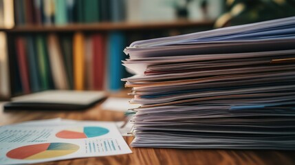 A stack of financial reports and pie charts spread across a desk for analysis and decision-making.